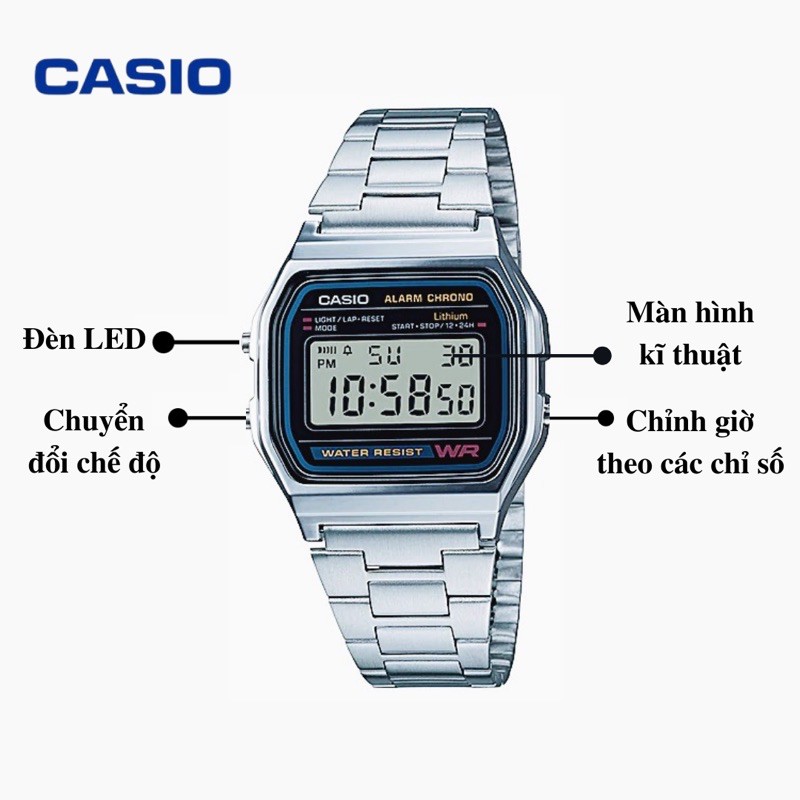 Đồng hồ Casio điện tử A158 Nam nữ chính hãng chống nước 3ATM , dây kim loại thép không gỉ
