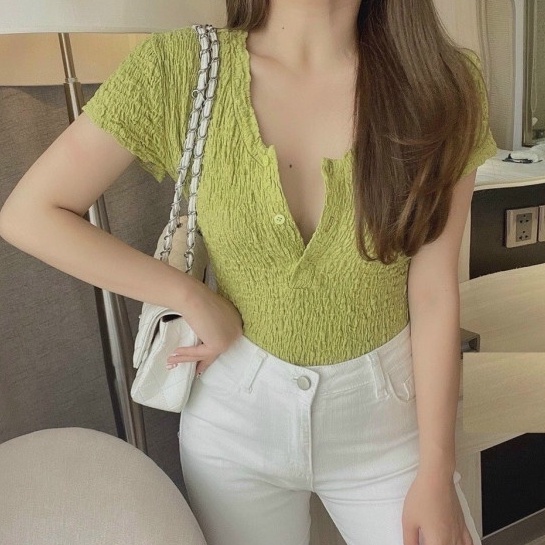 Áo body xốp sần cổ chữ V cộc tay trơn ulzzang tiểu thư  Thun trơn nhăn chất đẹp nữ