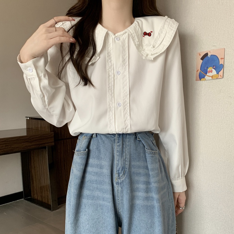SUXI Áo Sơ Mi Tay Dài Dáng Rộng Cổ Búp Bê Màu Sắc Ngọt Ngào Xinh Xắn