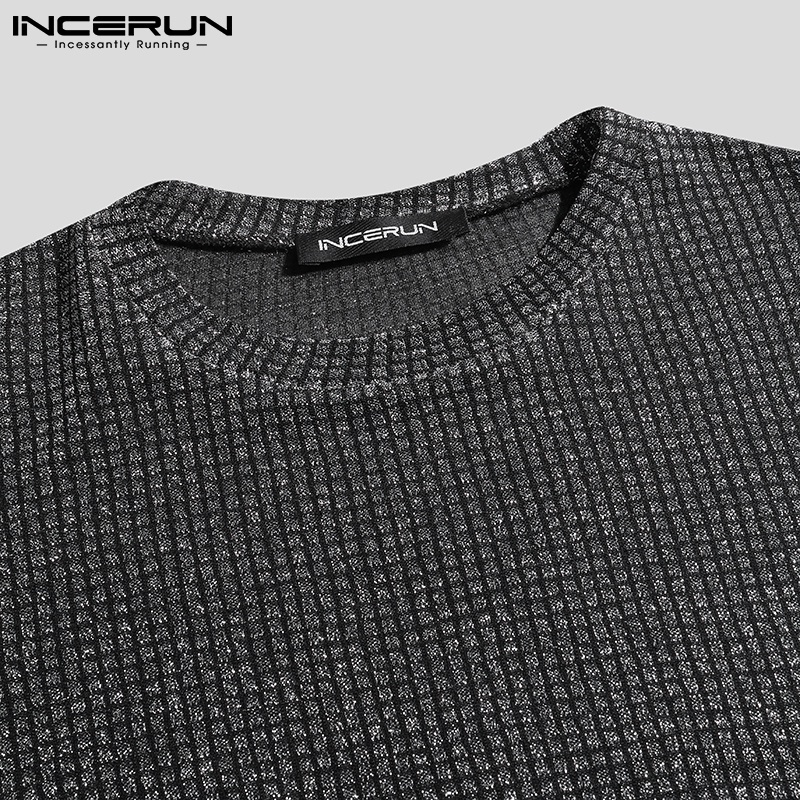 Áo thun INCERUN dáng rộng cổ tròn vải lưới xuyên thấu phối kim tuyến thời trang mùa thu cho nam