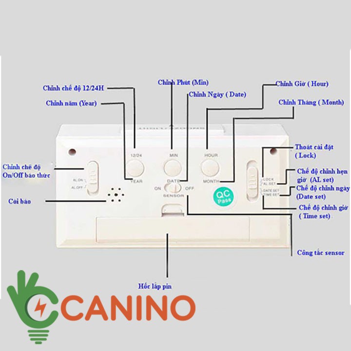 Đồng hồ báo thức cảm biến phát sáng trong đêm V4 Canino ( bảo hành 12 tháng)