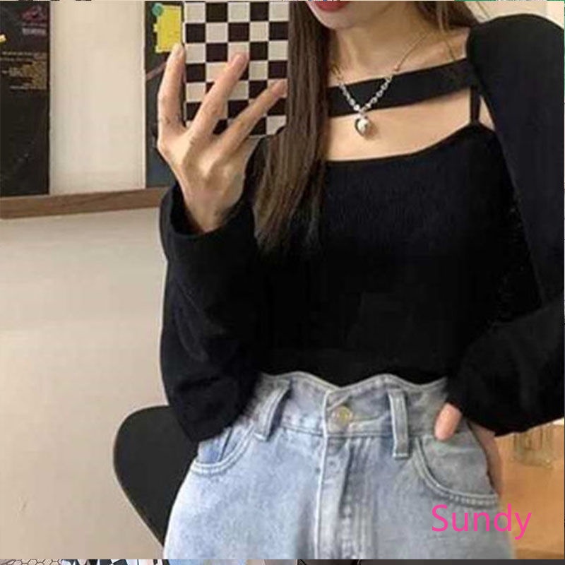 Set Áo Hai Dây Dệt Kim + Áo Khoác Cardigan Thời Trang Mùa Thu Phong Cách Hàn Quốc Cho Nữ