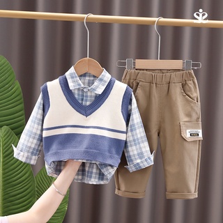 Set đồ 3 món gồm áo sơ mi kẻ sọc + áo vest cotton + quần dài thời trang cho bé trai 0-5 tuổi