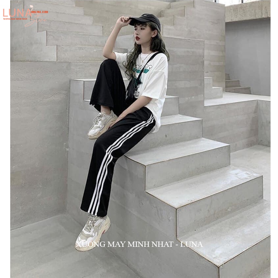 Quần thể thao 3 sọc nữ ống rộng viền kẻ sọc trắng có dây rút kéo - Quần thể thao ống suông dài nữ vải mềm đi học thể dục
