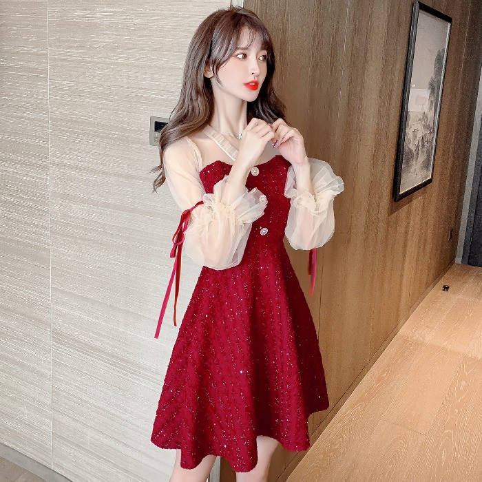 🌸Hàng Order🌸Váy Tay Voan Phối Cúc Tay Thắt Nơ Lấp Lánh 🌸Hàng Quảng Châu