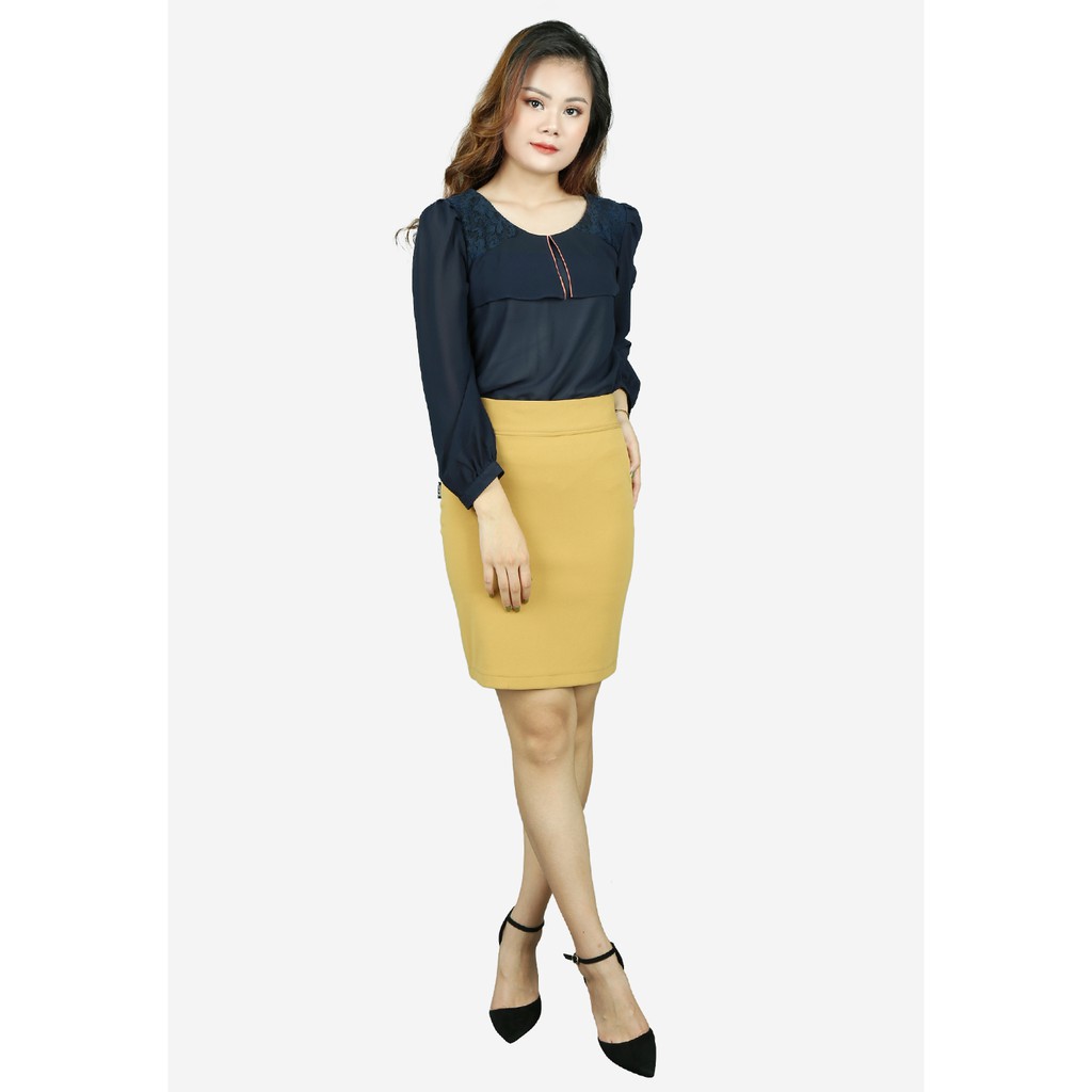 Áo sơ mi chiffon tím than tay dài yếm xẻ ren vai The One Fashion ADD054TT