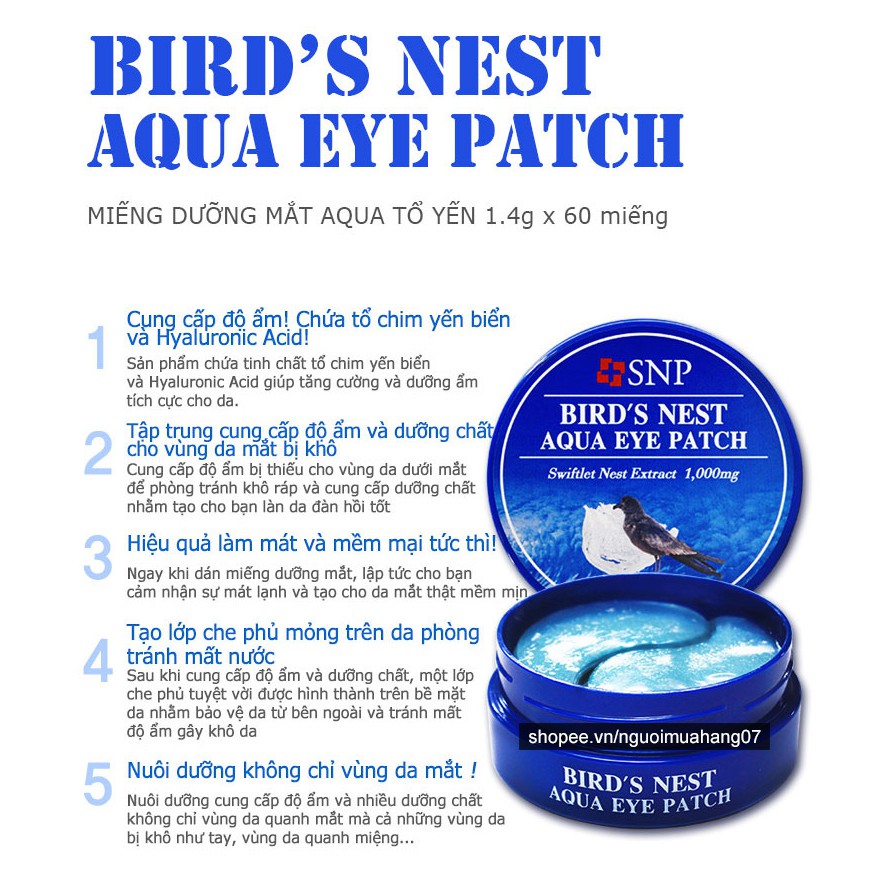 Hộp Miếng Dưỡng Da Vùng Mắt Ngăn Ngừa Lão Hóa SNP Bird'S Nest Aqua Eye Patch