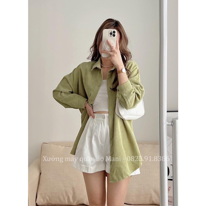 Áo sơ mi nhung tăm nữ, kiểu áo sơ mi dài tay form rộng freesize unisex khoác ngoài nhiều màu phong cách năng động