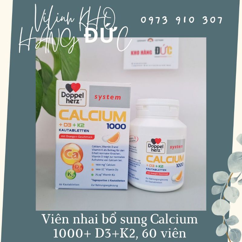 ( Bill Đức) Kẹo nhai vị cam Calcium 1000+ D3+K2 Doppel system 60v