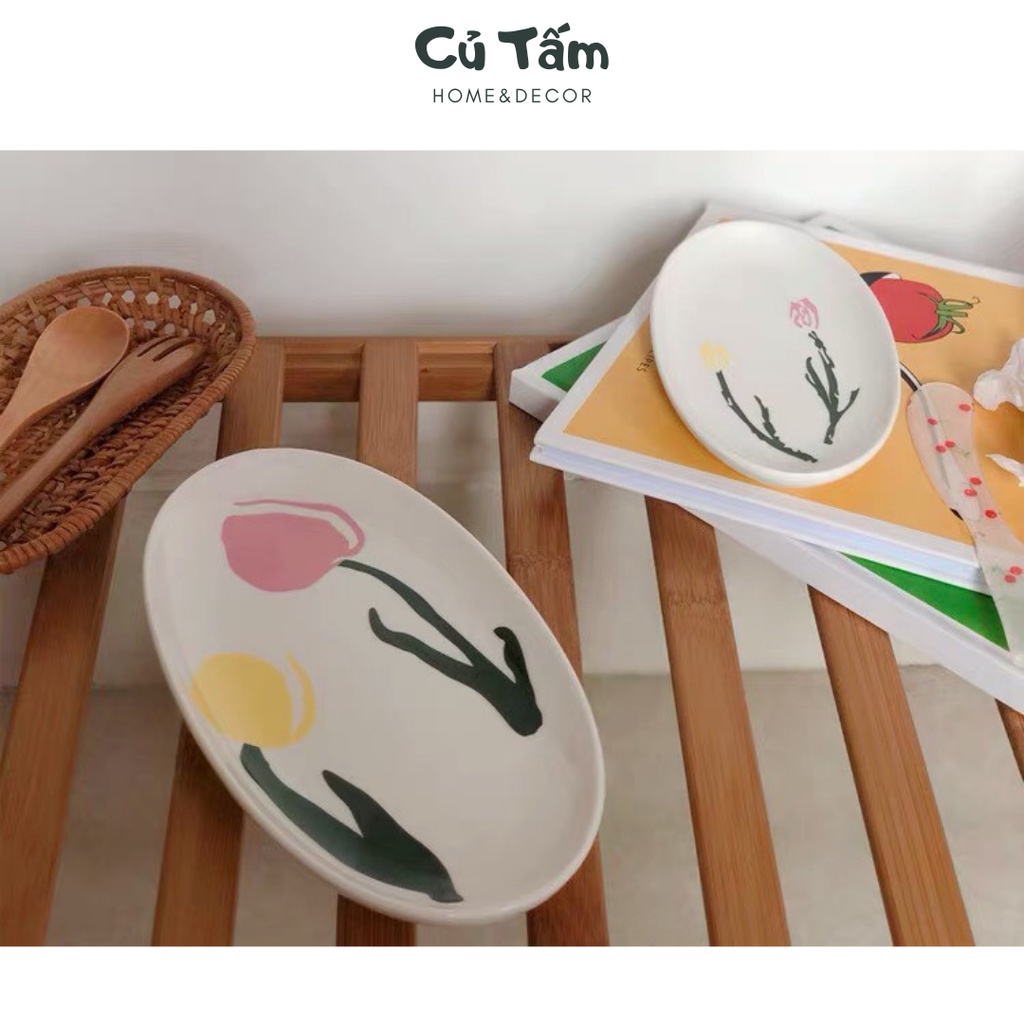 Đĩa sứ hình elip họa tiết hoa tulip, đĩa đựng đồ ăn phong cách Hàn Quốc - cutam.homedecor