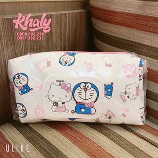 Hộp bút, bóp viết, túi đựng dụng cụ trang điểm, mỹ phẩm 1 ngăn nhiều hình Doremon và Hello Kitty màu trắng viền hồng