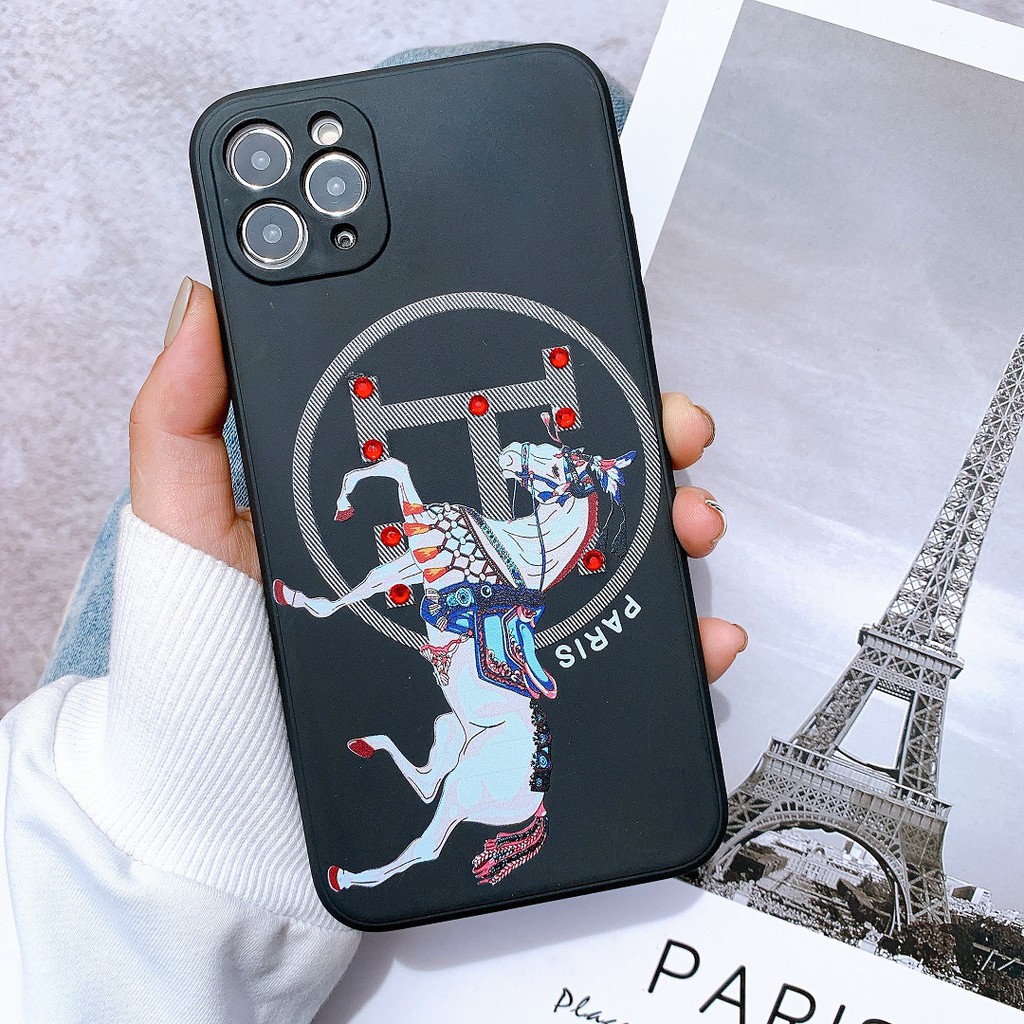 Ốp Lưng Silicon Màu Bảo Vệ CAMERA Đính Đá Hermes Paris - E049