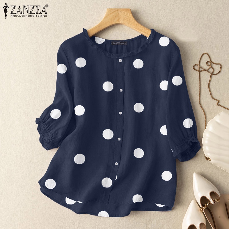 ZANZEA Áo Sơ Mi Tay Lửng 3 / 4 Họa Tiết Chấm Bi Thời Trang Cho Nữ