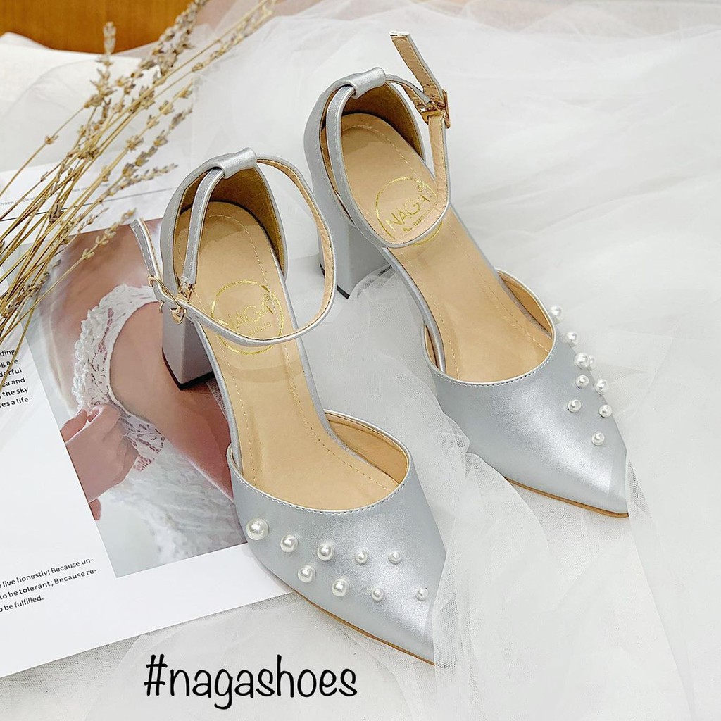 [Mã SKAMFSW175 giảm 10K đơn 50K] GIÀY CAO GÓT NAGASHOES MŨI NHỌN ĐÍNH NGỌC TRAI NHÂN TẠO 7CM NAC130