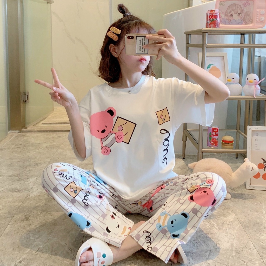 Bộ đồ nữ dài tay- Bộ pyjama mặc nhà, mặc ngủ in hình gấu siêu xinh chất vải thun cotton 4 chiều mịn thoáng mát