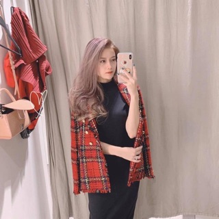 Áo khoác dạ tweed kẻ tua rua gấu zara