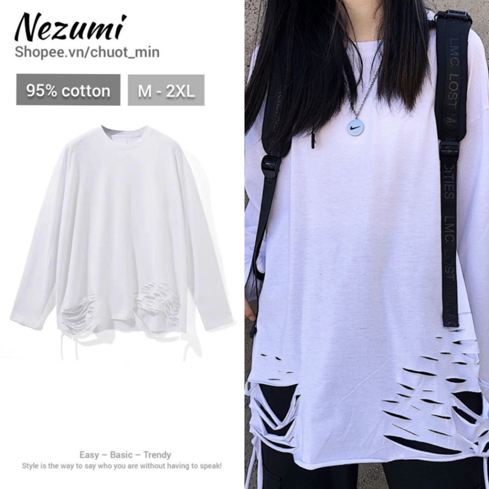 Áo thun dài tay 95% cotton rách gấu tạo layer màu basic hip hop unisex nam nữ
