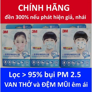 Hộp 3 cái khẩu trang trẻ em 3M 9561V KN95 N95 P2 FFP2 lọc 95% bụi siêu mịn PM2.5 có van thở lọc khí chun vải mềm