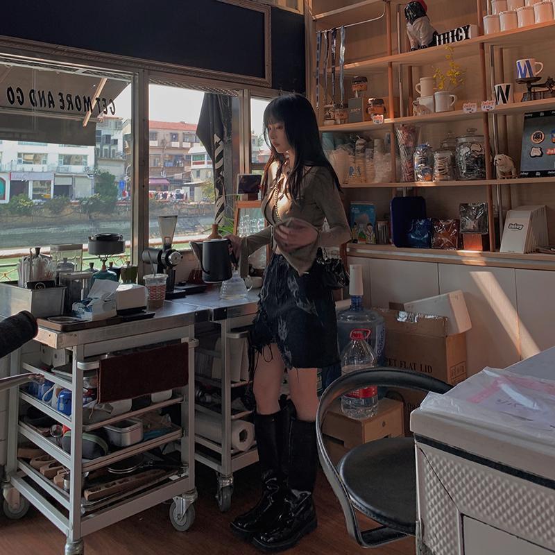 Chân Váy Denim Ngắn Lưng Cao Màu Nhuộm Phối Dây Buộc Phong Cách Retro Đường Phố Thời Trang Mùa Hè Mới Cho Bạn Gái