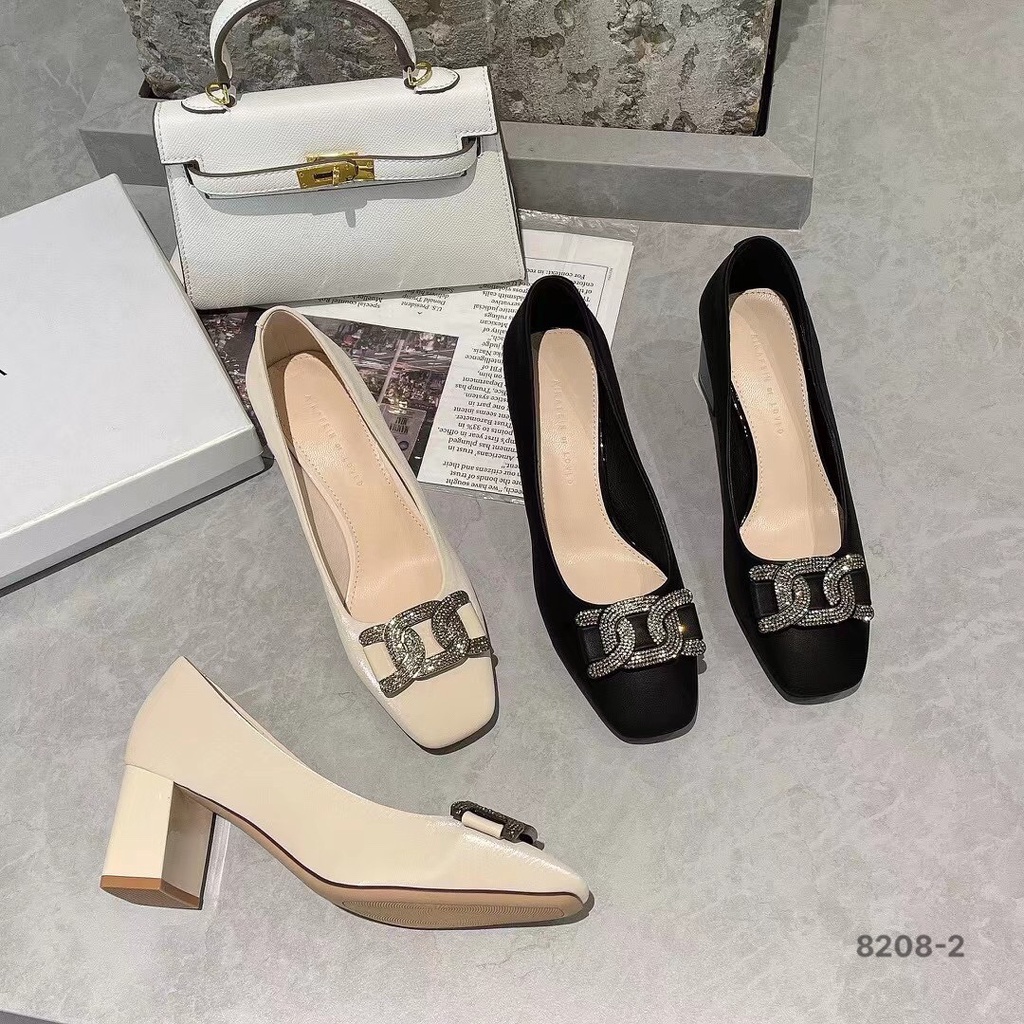 Giày thời trang nữ QBEL ❤️FREESHIP❤️ Giày công sở cao gót phong cách Hàn Quốc khuy xích đế vuông 5cm 8208-2
