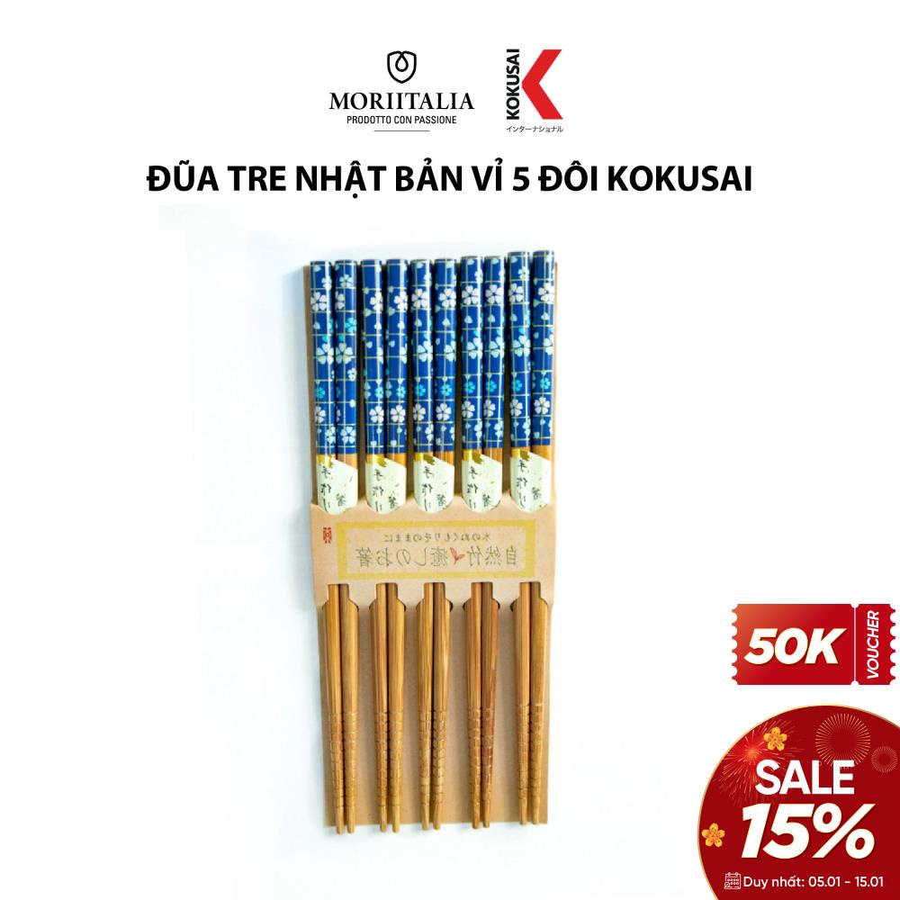 Vỉ 5 đôi Đũa tre Kokusai 100% tre tự nhiên, chịu nhiệt và chống trơn cực tốt chính hãng Moriitalia NDCK-05A