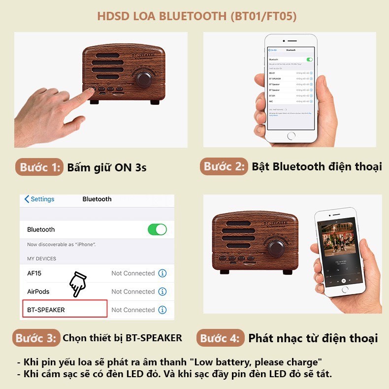 [ HÀNG CHÍNH HÃNG ]  Loa Bluetooth mini cổ điển BT01 vân gỗ vintage decor phòng