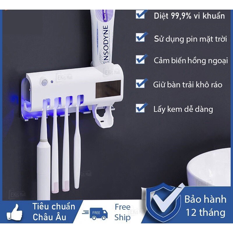 Bộ Nhả Kem Đánh Răng Tự Động, Kệ Để Đồ Phòng Tắm Cao Cấp khử khuẩn tia UV công nghệ cao Châu Âu ( Tặng Kèm Miếng Dán )