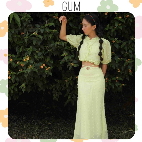 Set áo croptop tay phồng dáng suông và váy dài qua gối ôm eo xòe Belly set By Gum Tailor