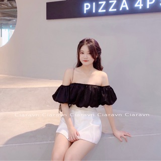 Áo trễ vai tay bồng crop, chân váy viền ren