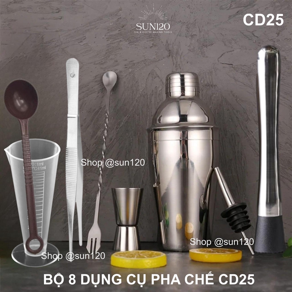 Bộ 8 dụng cụ pha chế cafe đồ uống inox CD25 chuyên nghiệp cocktail shaker set cơ bản cần thiết cho Barista Bartender