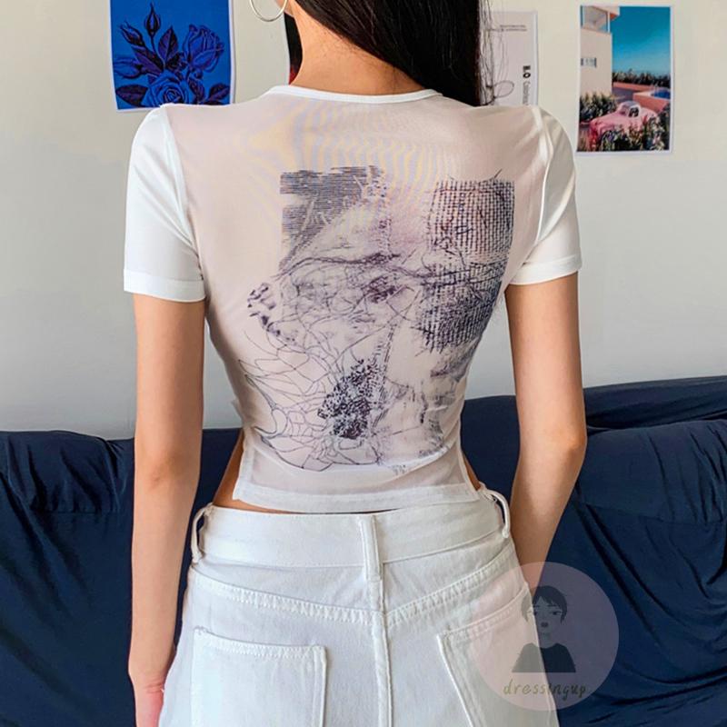 Áo Crop Top Tay Ngắn Cổ Tròn Phối Lưới Thời Trang Mùa Hè Cho Nữ