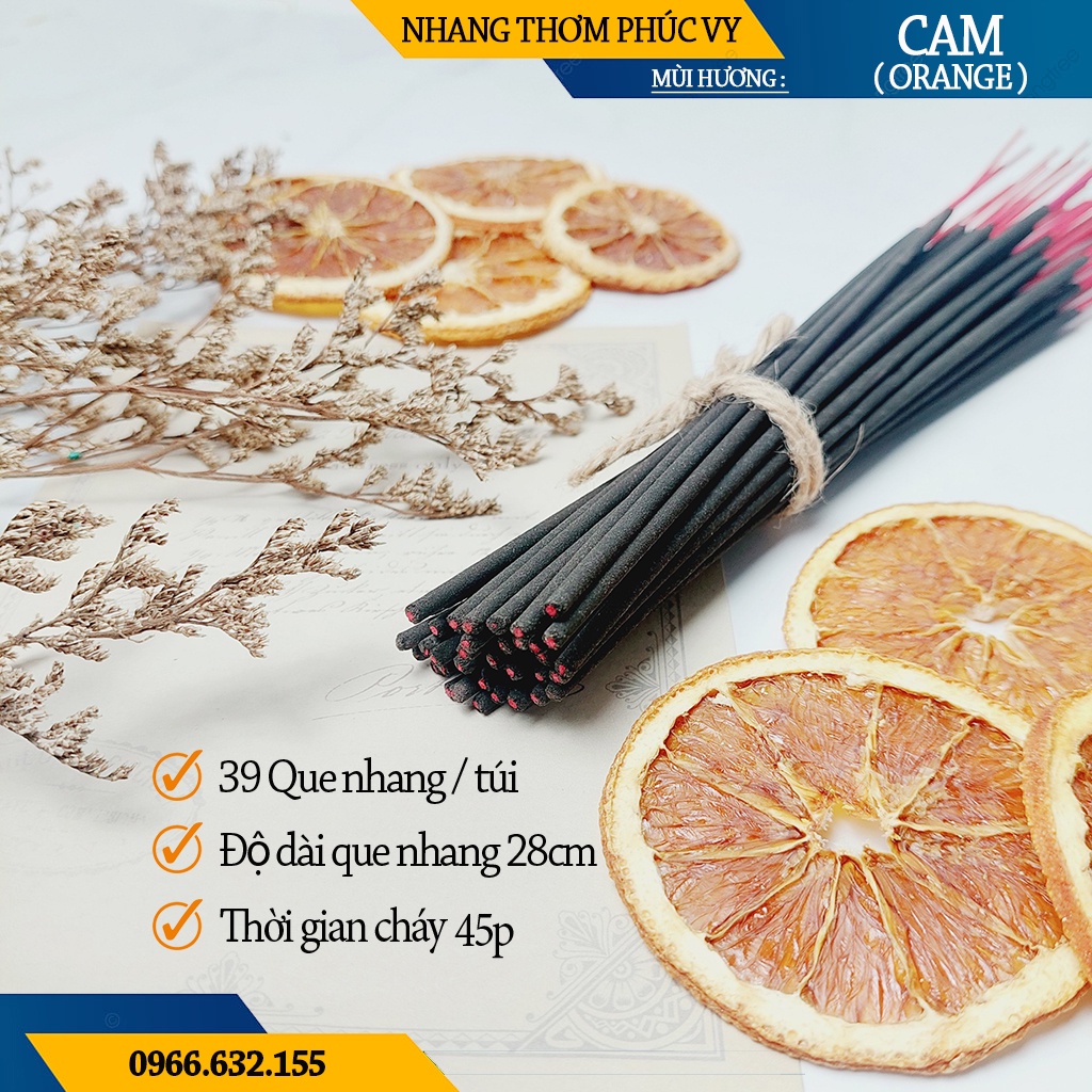 Nhang Thơm Phúc Vy Hương Cam Orange - Túi 39 Cây 28cm, Ít Khói, Thơm Nhẹ, Dễ Chịu, Không kích mũi