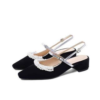 Sandal cao gót nữ đế 4p da lộn phối ngọc sang chảnh nữ tính - S41