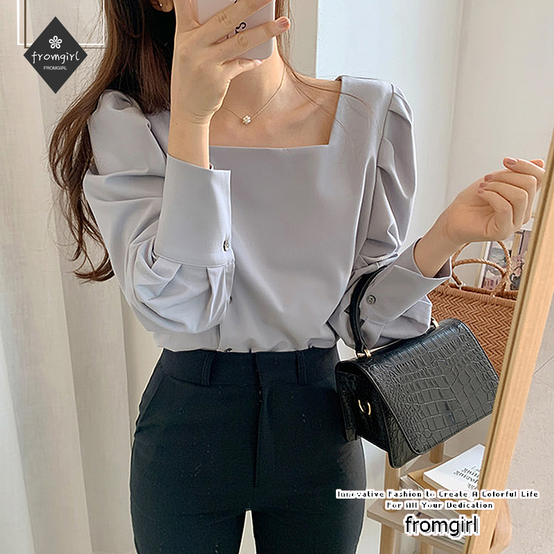 Autumn New Style Korean Square Neck Long Sleeve Shirt Gray / Wholesale / comfortable fabric /