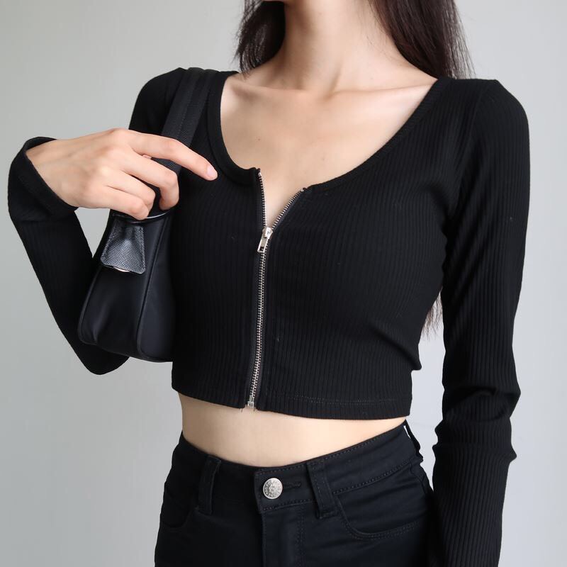 [Mã 11FASHIONSALE1 giảm 10K đơn 50K] Áo Croptop Tay Dài Trơn Thiết Kế Khóa Kéo Độc Đáo Dành Cho Nữ | WebRaoVat - webraovat.net.vn