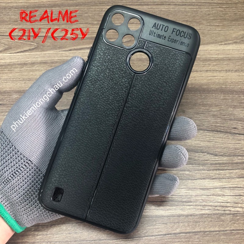 Ốp lưng Realme C21y/ C25y nhựa dẻo vân da đen Auto Forcus chống trơn trượt