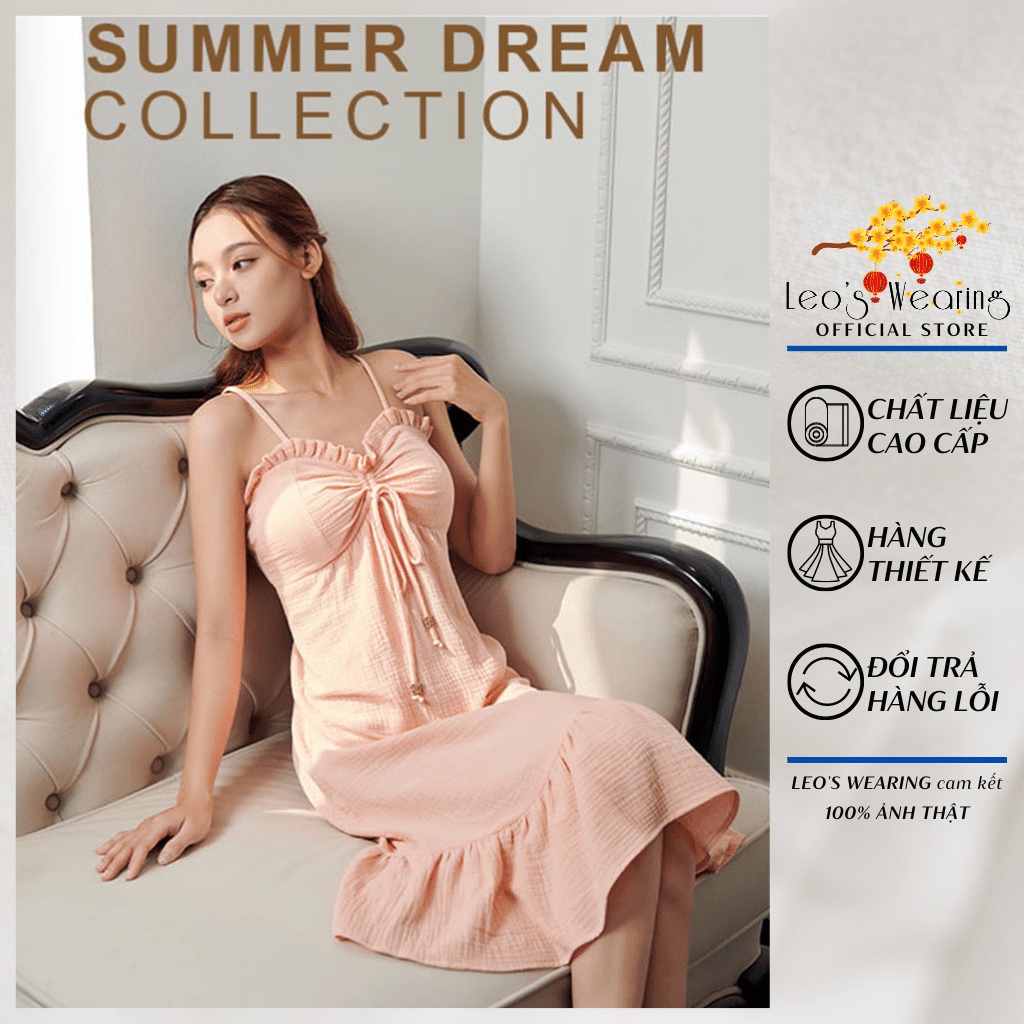 Đầm 2 dây vải xô mulislin LEOSWEARING váy dáng suông màu hồng thắt dây lưng có mút ngực dam maxi mặc nhà dạo phố M12