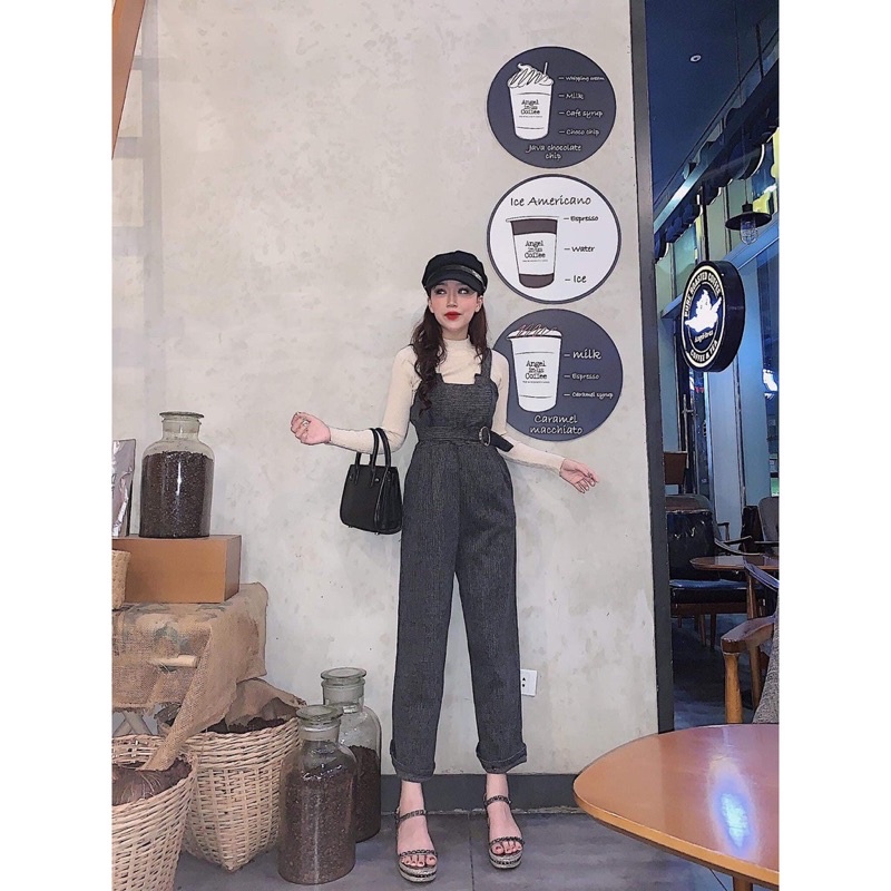 Sét Yếm Quần Chất Dạ Kèm Đai Mix Áo Len Tay Dài Cổ 3 Phân Hàng Quảng Châu ❤️