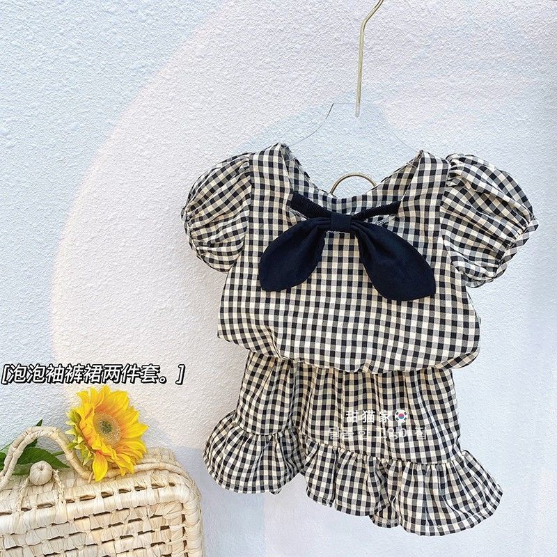 Set áo tay phồng + chân váy ngắn họa tiết sọc caro phong cách Hàn Quốc thời trang mùa hè cho bé gái
