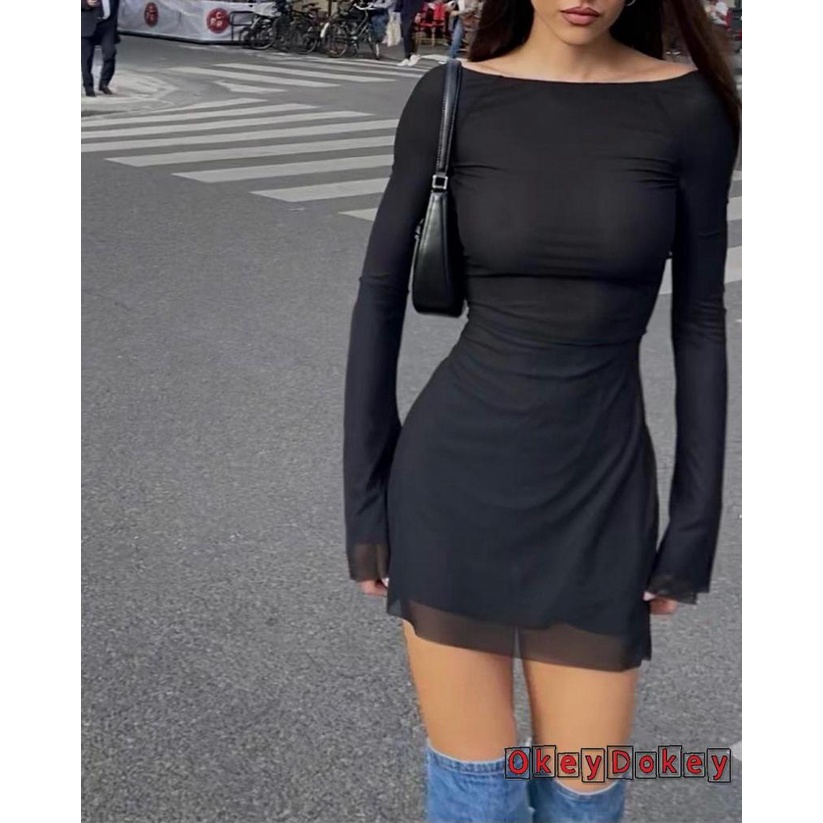 Đầm Mini Dài Tay Trễ Vai Phối Bèo Màu Trơn Y2K Quyến Rũ Cho Nữ