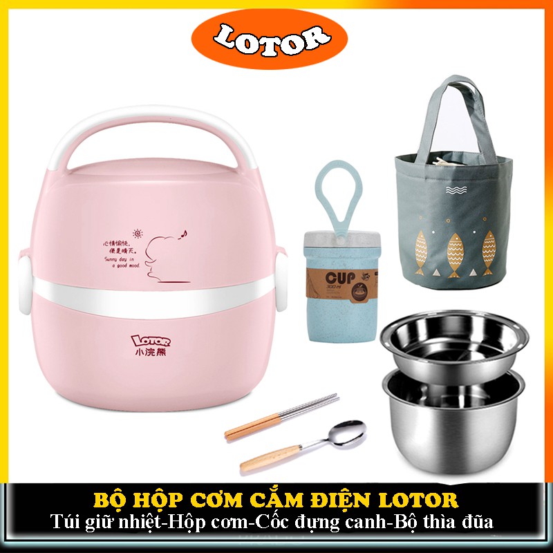 Hộp cơm giữ nhiệt LOTOR 2 tầng dung tích 1,3L cao cấp, hộp cơm cắm điện văn phòng đầy đủ phụ kiện tiện lợi.