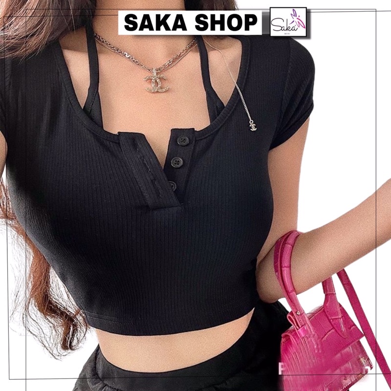 Áo croptop nữ kiểu nút giữ kèm áo hai dây phía trong dễ thương