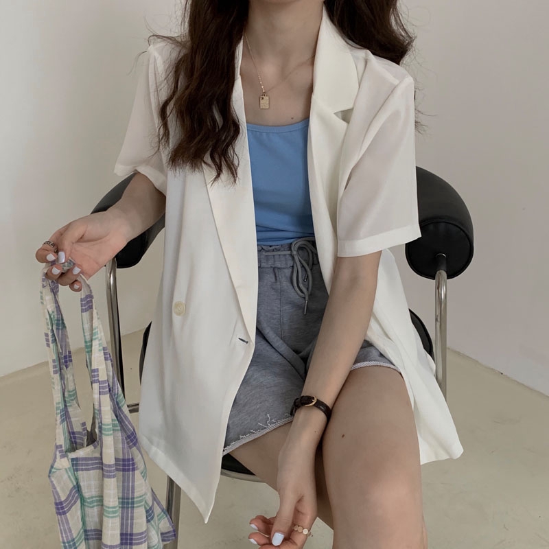 Áo Khoác Blazer Tay Ngắn Dáng Rộng Màu Sắc Đơn Giản Phong Cách Hàn Quốc | BigBuy360 - bigbuy360.vn