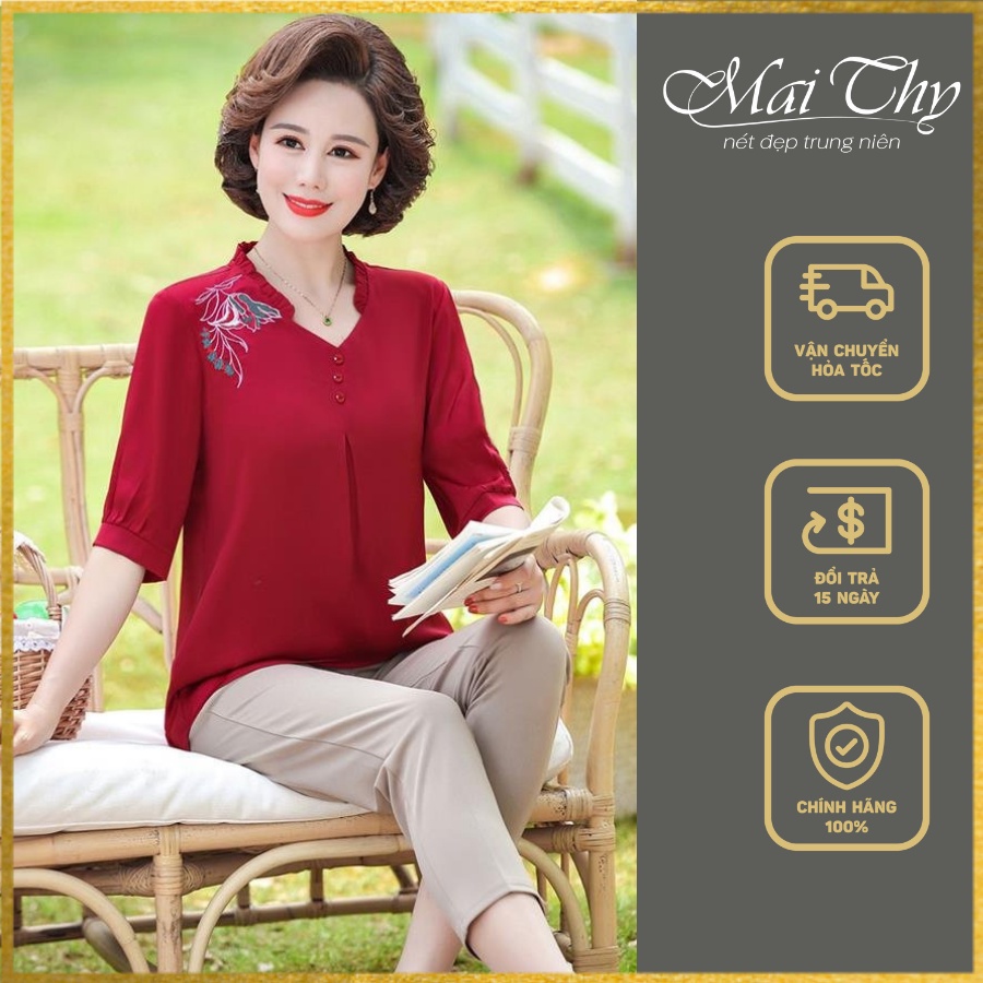 Áo Trung Niên MT661, Mẫu Áo Kiểu Trung Niên Nữ Cổ Bèo Thêu Hoa Tay Lỡ Đẹp Trang Nhã | Thời Trang Trung Niên Mai Thy