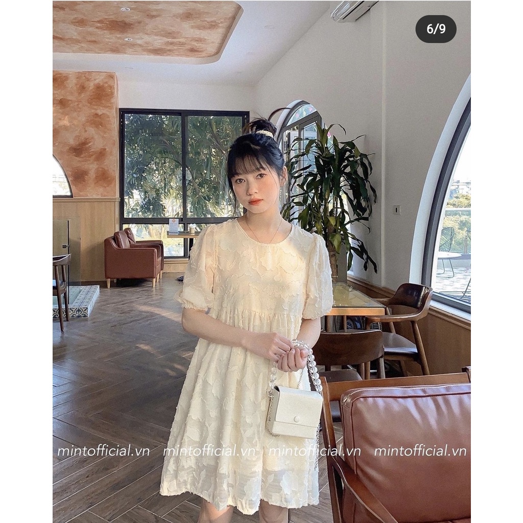 Váy babydoll ngọt ngào V.097, Váy kiểu nữ cổ tròn thắt dây nơ họa tiết ren 2 lớp màu be cực xinh - Thời trang nữ Chấm Bi | BigBuy360 - bigbuy360.vn