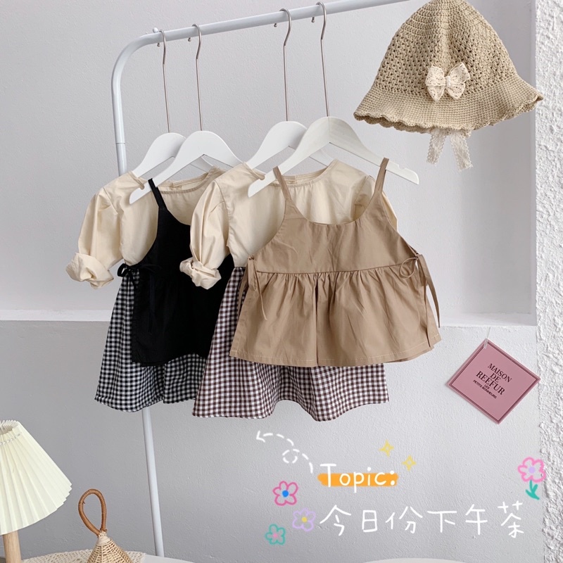 Váy vintage kèm yếm 2 dây 2 màu cho bé gái