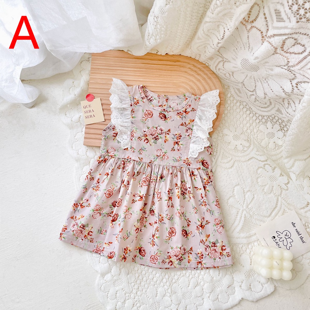 Đầm công chúa Sanlutoz không tay vải cotton phối ren hoa thời trang hè dễ thương cho bé gái sơ sinh