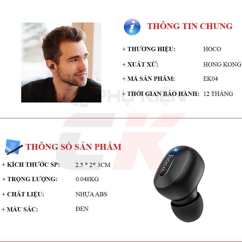 ✔ NOWSHIP ✔Chống ồn-Chống nhiễu-Tai nghe bluetooth 1 bên tai V5.0 Hoco EK04-Chơi game-Đàm thoại-pin trâu-BẢO HÀNH