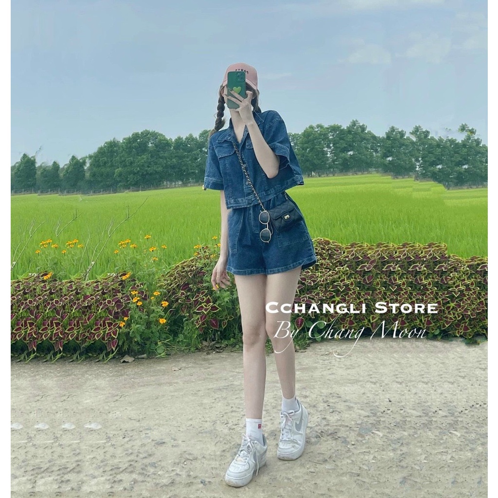 Set đồ nữ, áo croptop jean tay ngắn có cổ áo, quần short lưng chun - Tuệ Nhiên Fashion