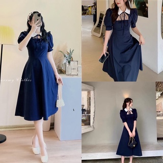 Váy vintage cổ sơ mi buộc nơ khoét ngực siêu xinh V35